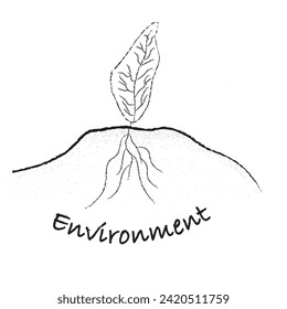 Vector black and white illustration. Protection of the nature. A leaf with roots below the soil. Illustration for nature conservation complete with the inscription: "Environment." Earth day.