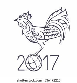 Vector black and white illustration of rooster, symbol 2017 Chinese calendar. Art sketch of cock. Eps-8