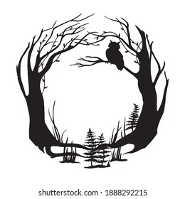 vector black and white illustration. round frame magical, fairy forest. silhouette of forest, trees, grass and an owl on a branch. background for postcard, book, design for halloween