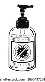 Ilustración vectorial en blanco y negro de la botella de sanitizer aislada sobre fondo blanco.