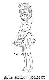 Vector black and white illustration of schoolgirl with a backpack in his hands