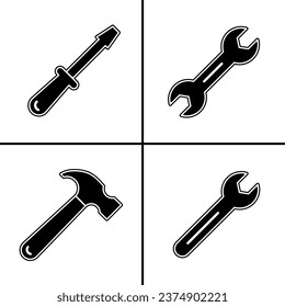 Vector black and white illustration of screwdriver  wrench  hammer icon for business. Stock vector design.