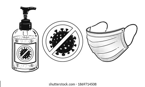 Vector black and white illustration set of protection items isolated on white background.
