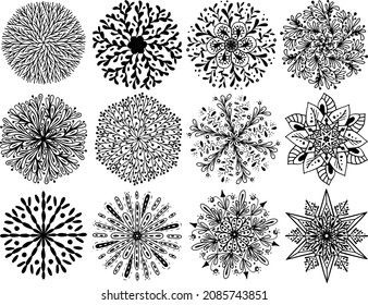 ilustración vectorial en blanco y negro, conjunto de bellos copos de nieve de fantasía para el diseño invernal, varias formas, estilizadas, flores de invierno, patrón de encaje