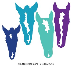 Vector black and white illustration set: Horse Facial Markings - head spots, stars, snipe, stripe, bald face