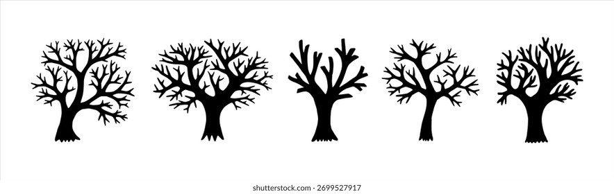 Vector ilustración en blanco y negro de un conjunto de árboles en estilo doodle.
