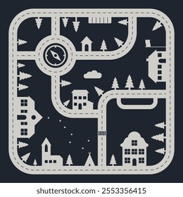 Vector ilustración en blanco y negro de una ciudad simplificada rodeada de bosque. La imagen muestra caminos, casas, árboles, una brújula, una nube, estrellas y una tienda india.