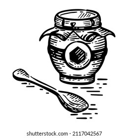 Vector black and white illustration sketch of a jar of honey and a spoon