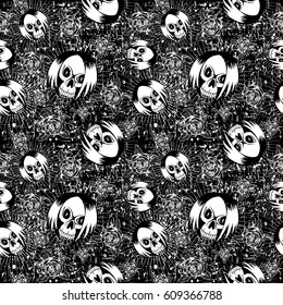 Vector black and white illustration skull girl with hair and roses on grunge backdrop. Seamless background. For t-shirt design or print on textile.