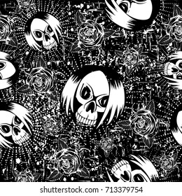 Vector black and white illustration skull girl and roses on grunge backdrop. Seamless background. For t-shirt design or print on textile.