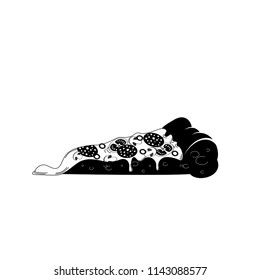 Vector black and white illustration with slice of pizza. Isolated on the white background.
