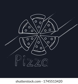 vector black and white illustration with sliced pizza fpr logo, print, restaurant, menu design