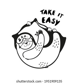 Vector black and white illustration of a sloth bear lies on a pillow in a sleep mask. Concept for children's clothing, textiles.  Lazy sleepy bear, lettering take it easy. 
