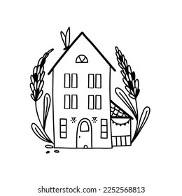 Vektorschwarz-weiß Illustration eines kleinen Hauses mit Terrasse in Lavendelblumen im Doodle-Stil
