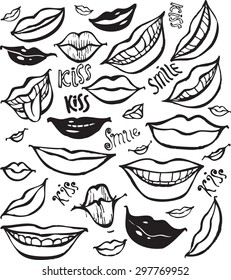 Vector black and white illustration of smiles, lips and kisses