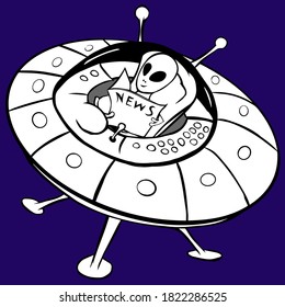 Vector black and white illustration of a smiling alien sitting in a flying saucer and reading a newspaper