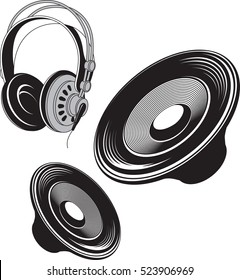 Vector black and white  illustration of speakers and headphones acoustic devices.
