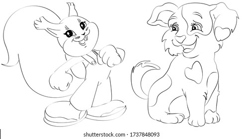 Vector black and white illustration - squirrel in pants on suspenders and spotted puppy. Cute kids smiling characters for kids coloring.