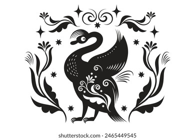 Vector black and white illustration, stylized abstract Bird, Folk Art, linocut style.  