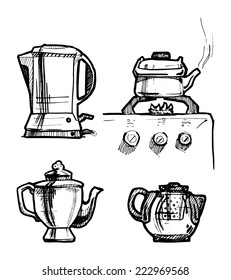 vector black and white illustration of teapots stylized as engraving.