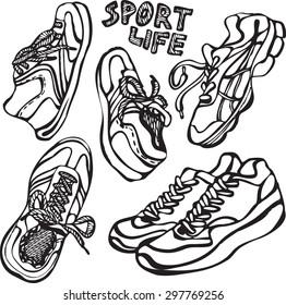 Vector Black And White Illustration Of Tennis, Sports Shoes With Text 