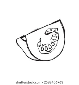 Vector black and white illustration of a tomato slice in sketch style. Suitable for design, printing, packaging, and decor.