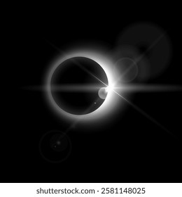 Vector black and white illustration of total solar or lunar eclipse with rays and highlights. Eclipse phase with bright aura of light. Cosmic phenomenon. Universe and astronomy. Isolated background.