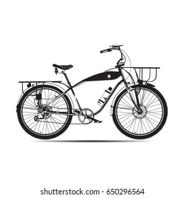 Vector black and white illustration of touring bike. Road racing bicycle flat style design element isolated on white background.