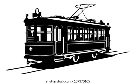 Vector black and white illustration of  tram.