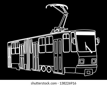 Vector black and white illustration of tram. in night