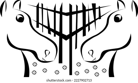 Vector black and white illustration. Two horses facing each other mirrored, in the background a corral, flowers below. Line art, hand drawing, illustration. Children's motif.