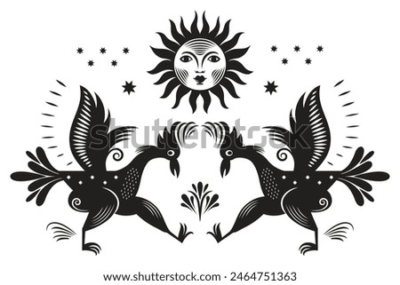 Vector black and white illustration, Two birds, roosters dancing, Folk Art, linocut style.  