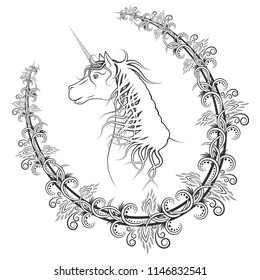 Vector black and white illustration of unicorn surrounded by floral arch. Sketch of tattoo design in a vintage style.