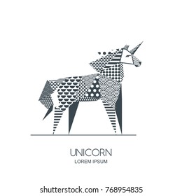 Vector Black And White Illustration Of Unicorn Horse With Patchwork Geometric Triangle Texture. Creative Logo Icon Or Emblem. Design For Poster, Greeting Card, Wall Decoration Sticker, Print.