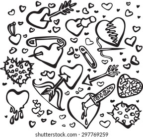 Vector black and white illustration of Valentine's Day hearts with knives, bows and arrows