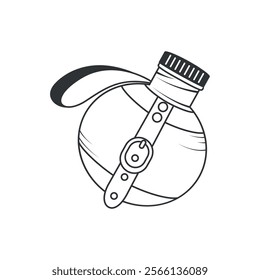 Vector black and white illustration of a vintage Canteen (bottle) with a strap and cap. Minimalist line art style for outdoor, hiking, camping, and adventure-themed designs.