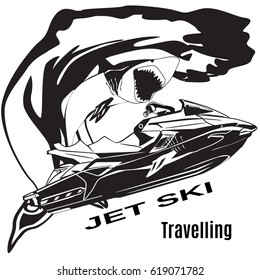 Vector black and white illustration of water scooter, wave and shark isolated. Jet ski rental template in flat style.