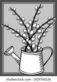 Vector black and white illustration, willow branches standing in a watering can