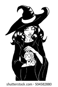 Vector. Black and white illustration of witch