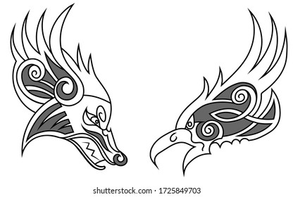 vector black and white illustration of a wolf and a raven in celtic stylization on a white background. can be used as a sketch of a scandinavian couple tattoo. drawings are isolated