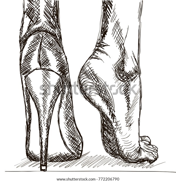 靴を履かず 高い丘の中に女性の足のベクター画像白黒のイラスト 足のケアに関するコンセプト のベクター画像素材 ロイヤリティフリー