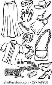 Vector black and white illustration of women's clothing