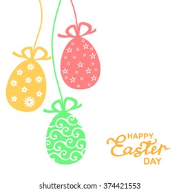 Vector black and white illustrations of greeting Easter card with hanging patterned color eggs