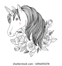 Vector black and white illustrations. Hand drawn unicorn with flowers