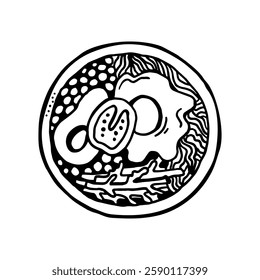 Vector black and white image of a balanced bowl, with avocado, egg and tomato, on a white isolated background