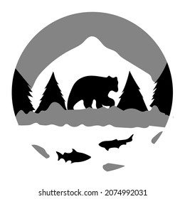 Vector black and white image of a bear in natural habitat. Wildlife. Idea for logo, decoration for books and magazines, websites, paper products, T-shirts and other souvenirs.