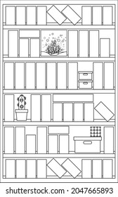 Vector black and white image of a bookshelf with books and decorations for future use in tracking books.