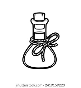 Vector black and white image of a bottle with a potion. Magic liquid. Sticker for Halloween. Black and white graphics.