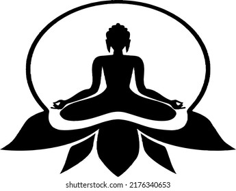 Vector black and white with image of a buddha sitting on a leaf. Simple design for logos, symbols, tattoos, icons, brand, book covers, patches, and more