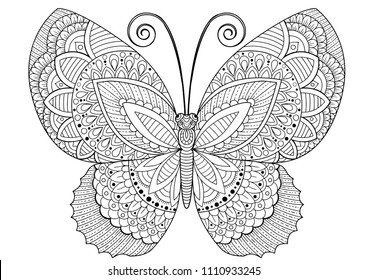 Vector black and white image of a butterfly on white background. Hand drawn butterfly zentangle style for t-shirt design or tattoo.